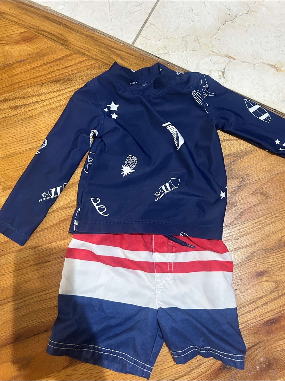 Carters 18 months Navy Blue Rash Guard Swim Set with Red & White Stripe Shorts